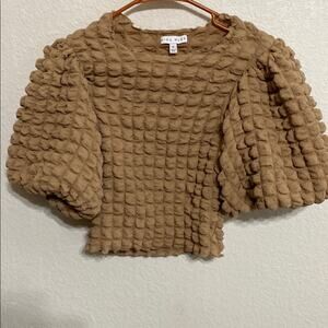 Miou Muse Brown Boxy Textured Crop Blouse with Bubble Sleeves
